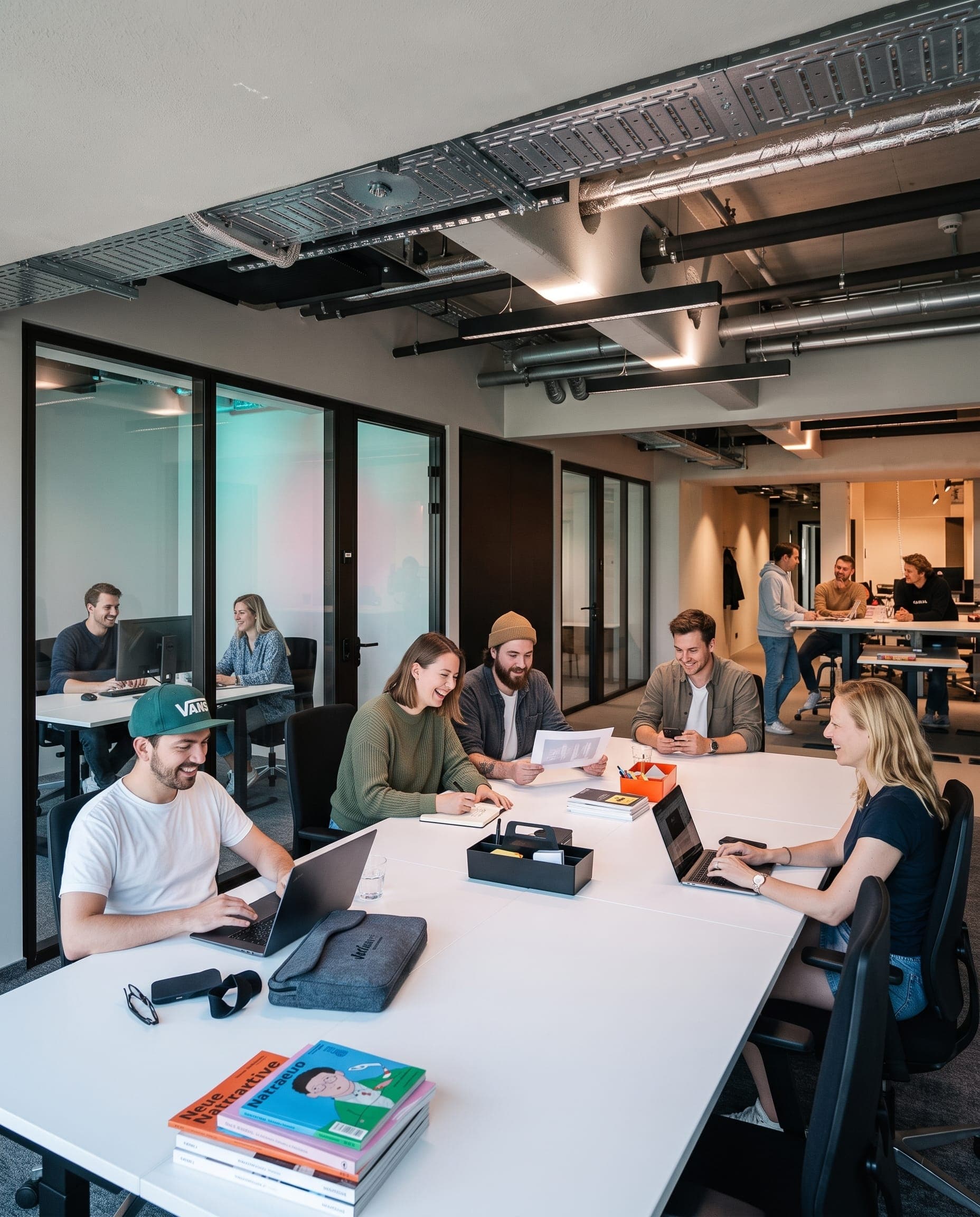 Members working at a shared table beside the private offices