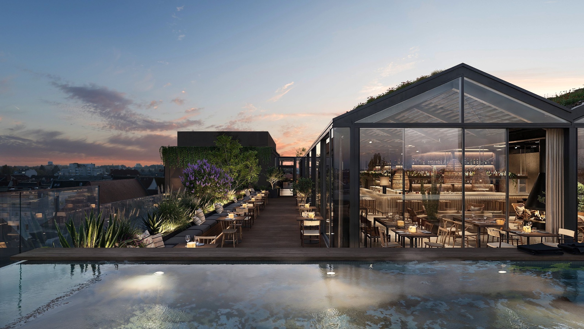The Rooftop at The Delta Campus — pool, restaurant and bar with Berlin skyline at sunset