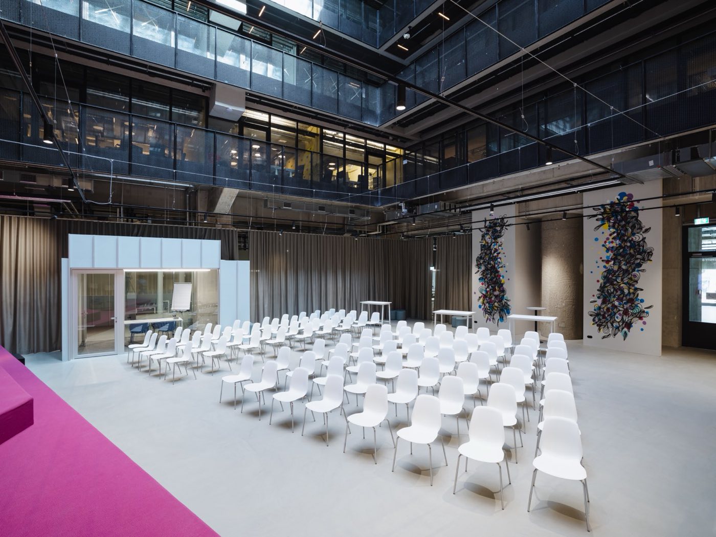 The Atrium set theatre-style under its glass roof, before the doors open
