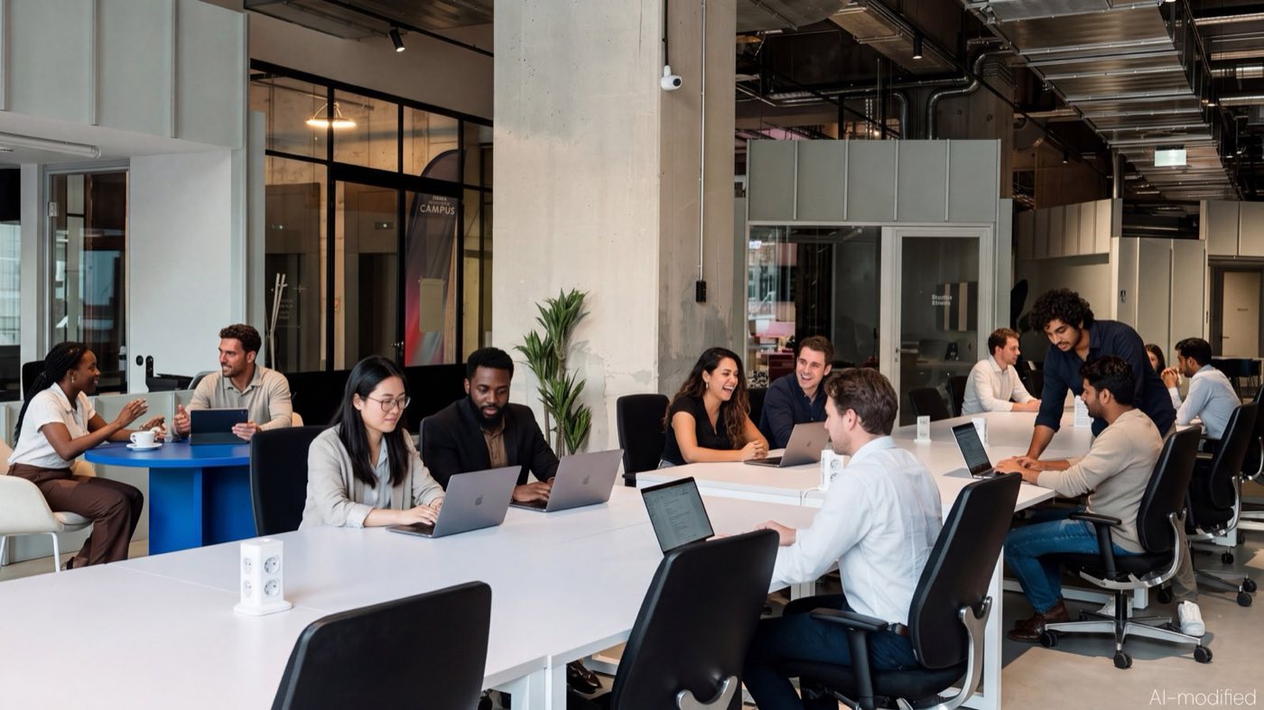 The Coworking at The Delta Berlin, people working at long shared desks beside the call pods