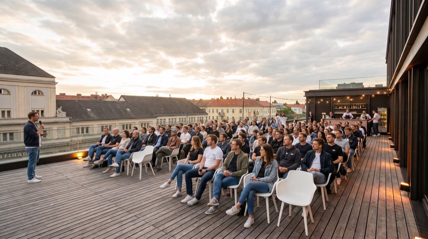 A speaker addressing a seated audience on The Terrace at dusk
