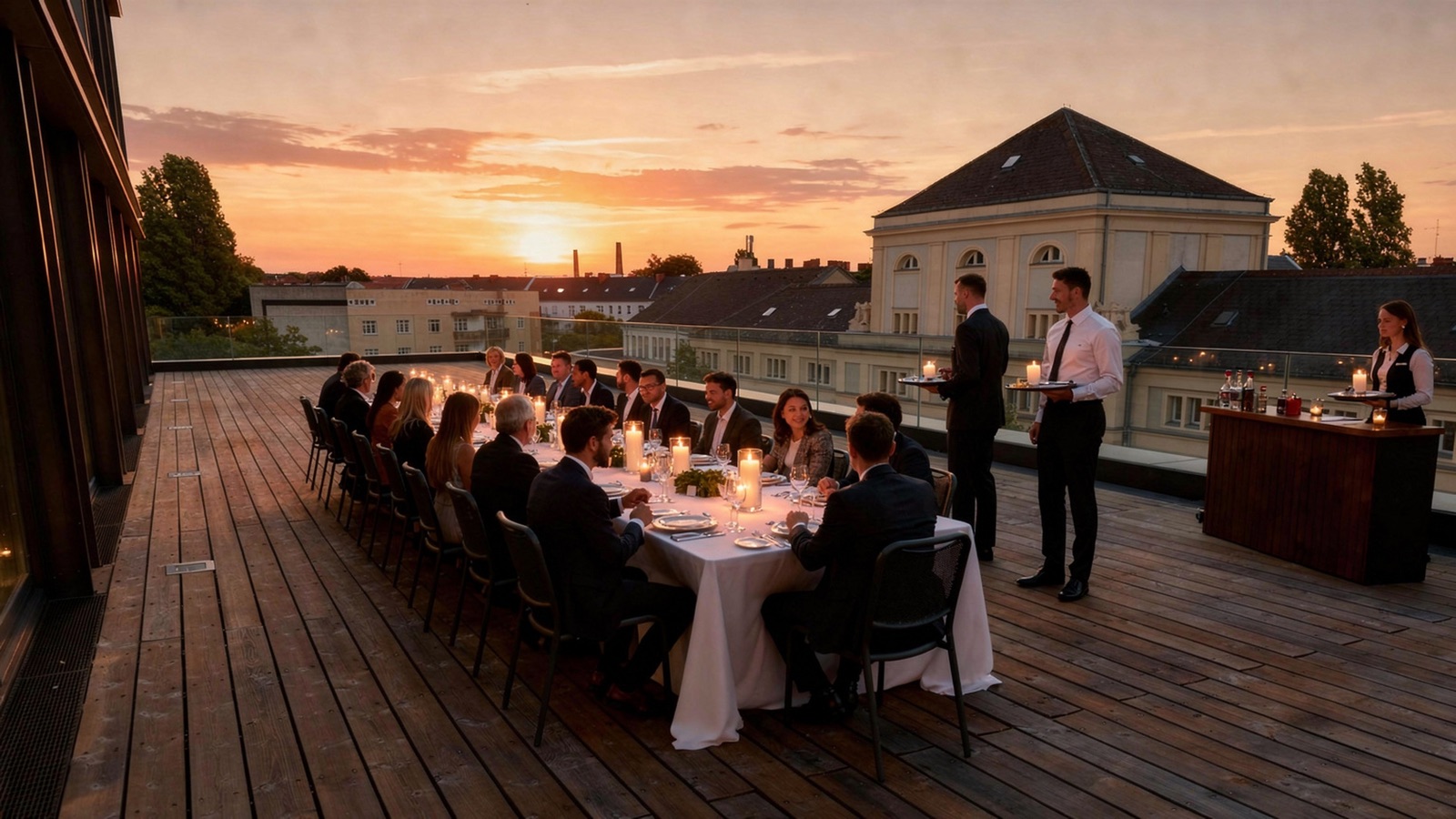 Dachdinner bei Sonnenuntergang