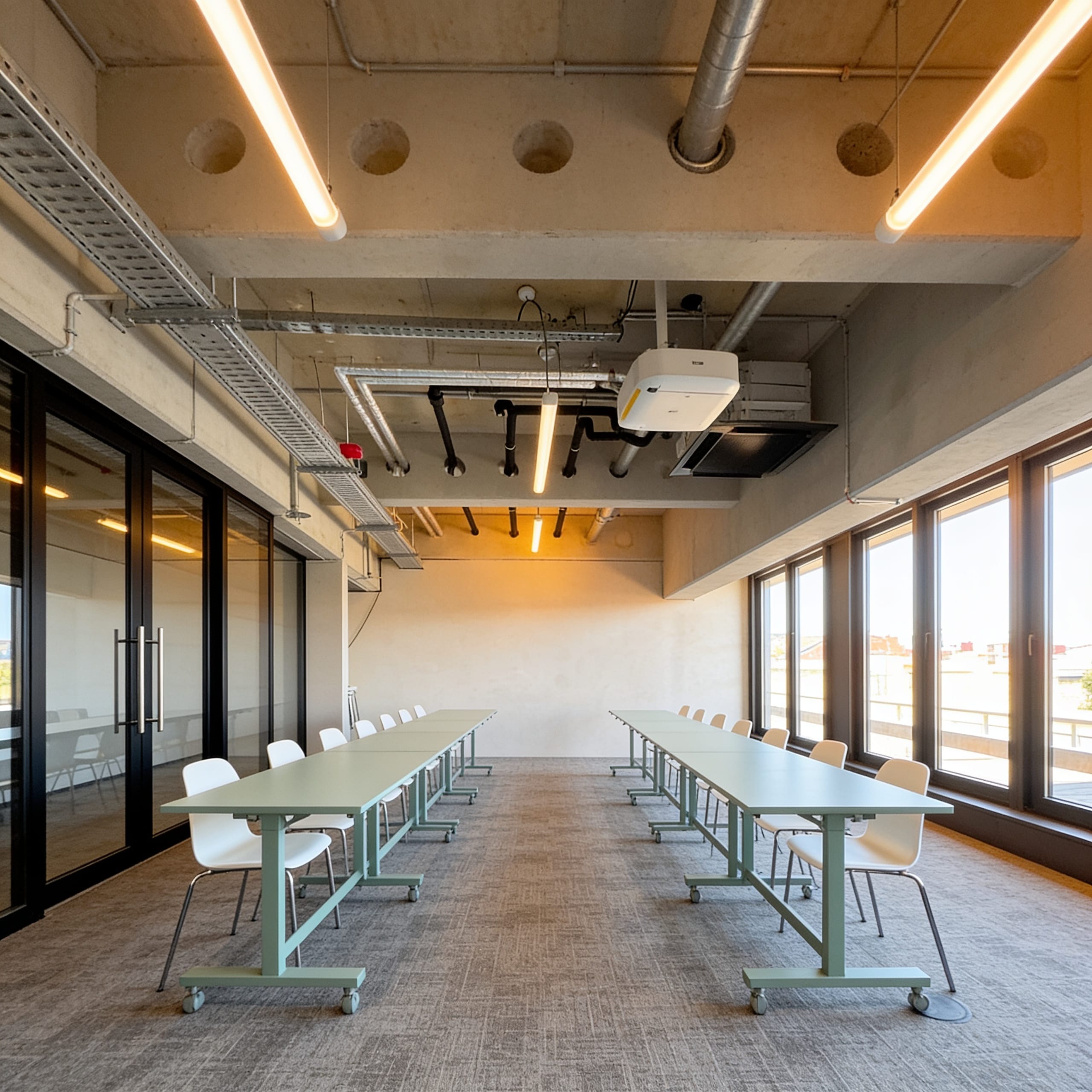 Cosmos, the fourth-floor meeting room at The Delta Berlin, tables set in two rows beside the windows